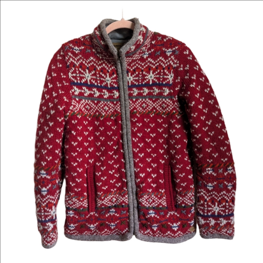 LAUNDROMAT Red White Handmade Fair Isles Lined Wool Knit Zip Up Cardigan Medium